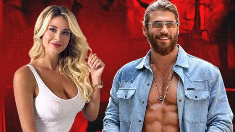 diletta leotta with blonde curly hair wearing a white sexy t-shirt where you can see the shape of her boobs, can yaman with long hair and beard, wearing a jeans shirt opened to see his muscles, both lovers on red background, can yaman and diletta leotta broke up