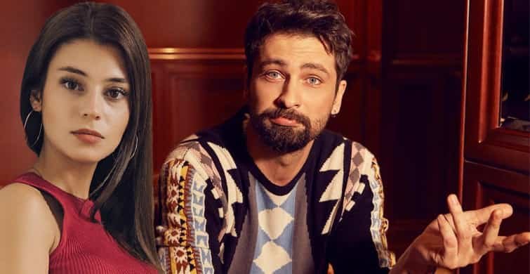Elif Doğan dressed in a red dress with straight brown hair, onur tuna with beard with an expression of i dont know on his face and with hand in air, the man wears a colorful shirt