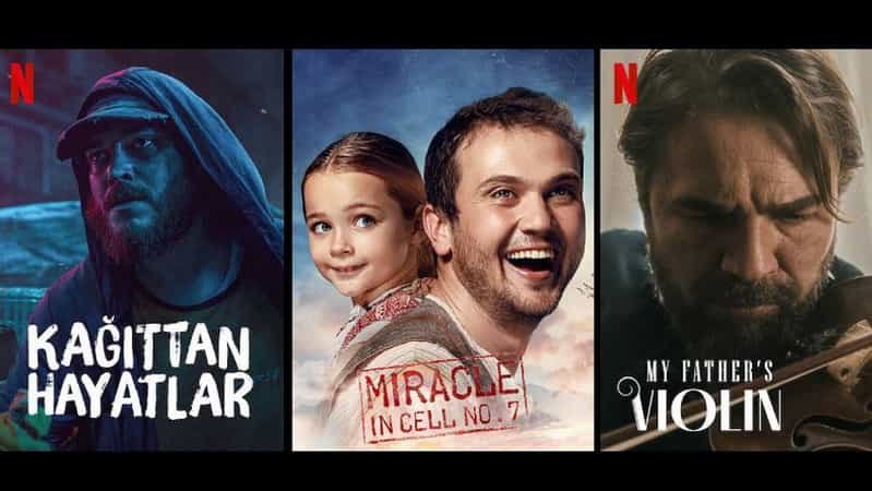 Most-Watched Movies on Netflix, cagatay ulusoy wearing a hat and hoodie on a blue background with caption paper lives, Aras bulut smiling with Ova in the movie Miracle in Cell No 7, Engin Altan Düzyatan face close-up holding a violin in the cover my father's violin
