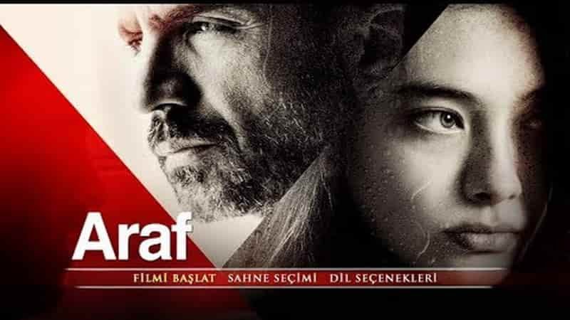 turkish drama araf/somewhere in between with Neslihan Atagul Dogulu and Ozcan Deniz on the cober, neslihan face is half shadowed and you can see only half of face and and eye, on the other side is ozcan deniz with bear looking in distance, with caption Araf on red banner