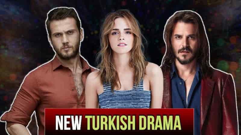 Atatürk series, Aras Bulut İynemli wearing a red shirt next to Emma Watson who wears a blue dress with blonde straight hair & Mehmet Günsür wearing a leather jacket with long hair and mustache in the new Turkish drama series about Kemal Atatürk series, caption text new turkish drama