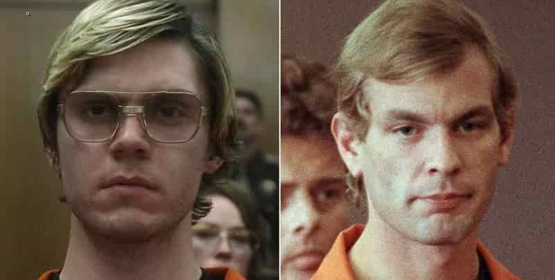  on left Evan Peters in courtroom as jeffrey dahmer, on right real jeffrey dahmer in courtroom