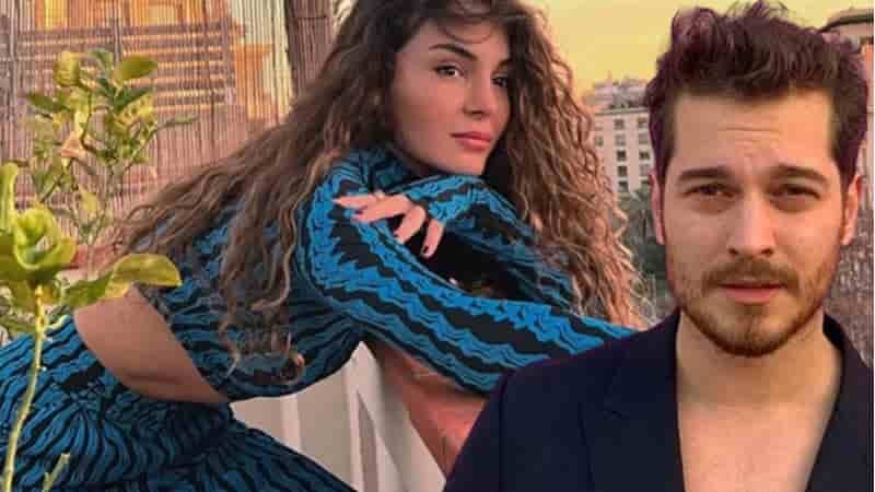 on left Ebru Şahin wearing a blue dress and long black curly hair, on right Çağatay Ulusoy wearing a blue jacket shirt Netflix movie Centilmen