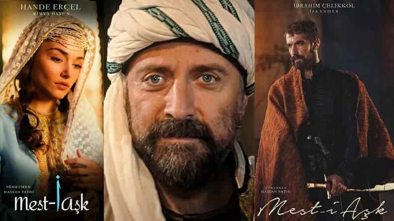 Mest-i Ask film on left Hande Ercel wearing blue, middle Halit Ergenc white scarf on head, on right ibrahim celikkol wearing a brown long robe movie