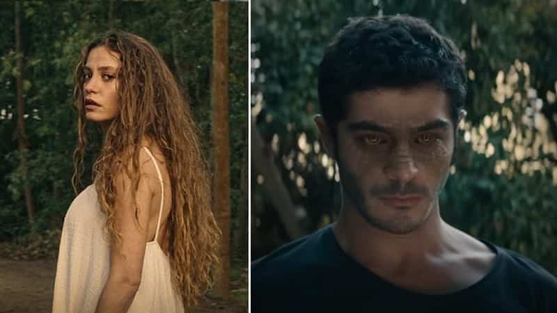 Şahmaran netflix on left Serenay Sarıkaya wearing a white dress with curly blonde and long hair in forest, on right face close up of Burak deniz with snake eyes and green face wearing a black t-shirt