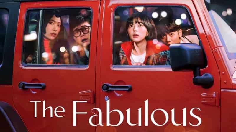 The Fabulous netflix cover with Choi Minho, Chae Soo Bin, Lee Sang Woon, and Park Hee Jung in a red van looking up on the window