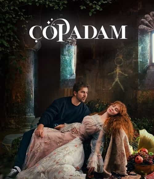 Çöp Adam cover, Elçin Sangu looks like a princess, wearing a pink dress with flowers with her red curly hair and Engin Altan Düzyatan wears a navy gym suit