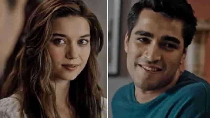 on left a close up of Afra Saraçoğlu with big eyes, red lips and brown long hair, Mert Ramazan Demir close up, wearing a blue t-shirt, great success of the series Yali Capkini Youtube