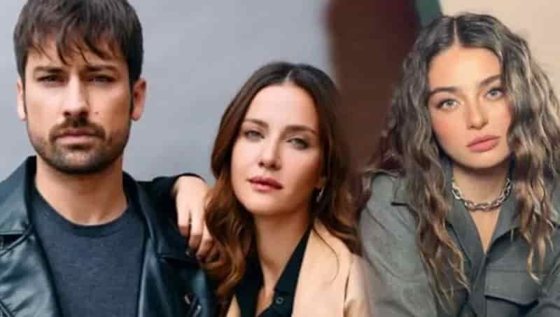 alp navruz wearing a black leather jacket, İrem Helvacıoğlu next to him dressed in a beige jacket, and Ayça Ayşin Turan wearing a grey shirt with long black and curly hair Yürek Çıkmazı dizi series