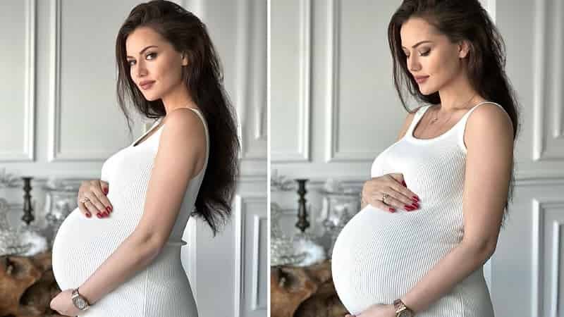 Fahriye Evcen with long brown hair, wearing a strapless white dress holding her bump, second baby name Instagram and Burak Özçivit