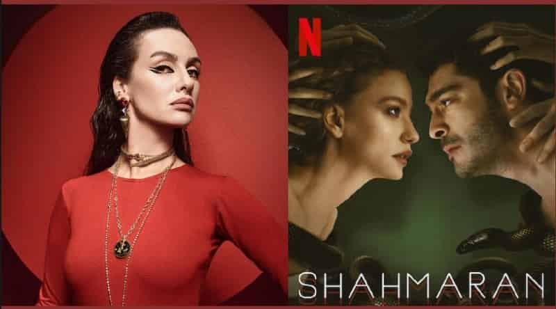 on left birce akalay waring a red blouse, with dark gothic make-up and hair pulled back on a red background, on left the cover of Şahmaran  series featuring burak deniz face to face with Serenay Sarıkaya, with snakes around
