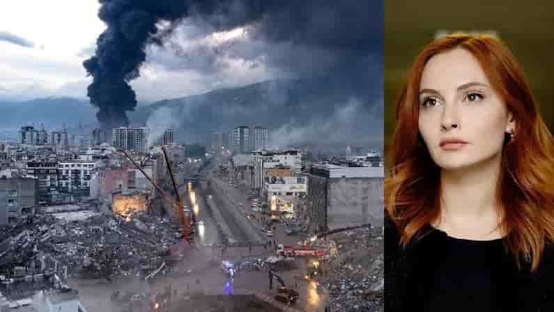 an apocaliptic view of Turkey after the earthquake 2023, demolished buildings with smoke turkish actress Başak Gümülcinelioğlu with red hair abd black blouse