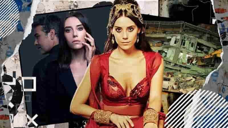 cansu dere wearing a red dress portraying the charchter of Firuze in magnificent century suleyman, on right the cover of her drama series Sadakatsiz and on left of her the earthquake that hit turkey and where she gone missing
