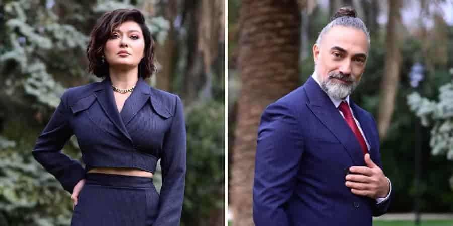 veda mektubu photoshoot cover dizi series turkish drama, on left Nurgül Yeşilçay with a black bob, wearing a blue navy costume fitted on her body and on right , Selim Bayraktar with grey hair and beard, wearing a blue navy costume with her left hand on his chest