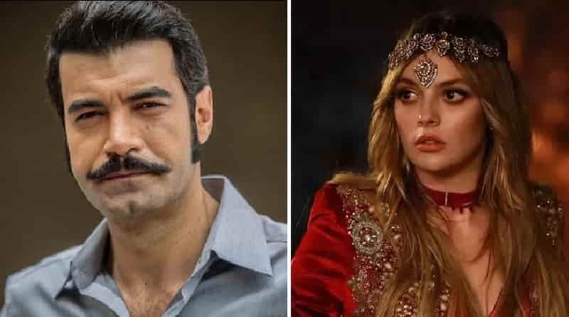 fox new turkish series Gülcemal featuring on right Melis Sezen as Deva wearing a henna red dress with jewelry and a face close up of Murat Ünalmış on right