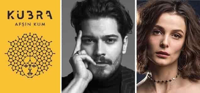 yellow cover book kubra series netflix featuring Çağatay Ulusoy with his right hand holding his chin next to Büşra Develi with curly messy bob and red lips