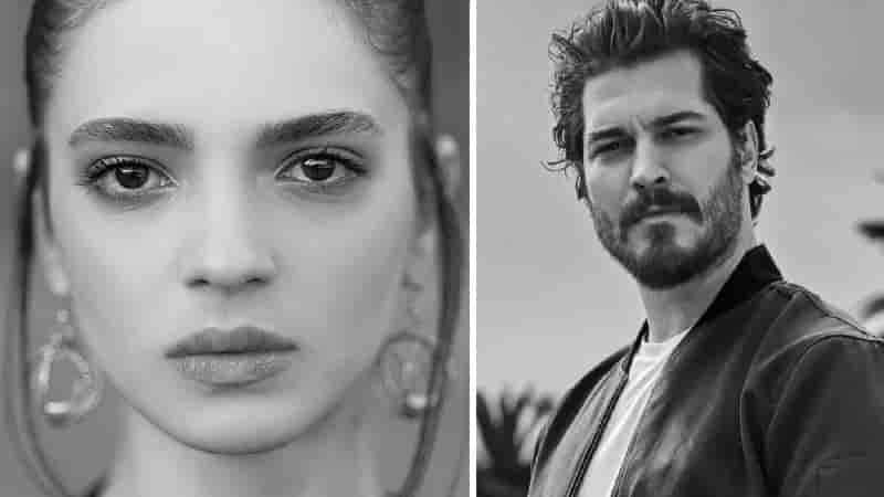 new turkish netflix series terzi (the tailor) featuring its leading actors Çağatay Ulusoy and Şifanur Gül in black and white