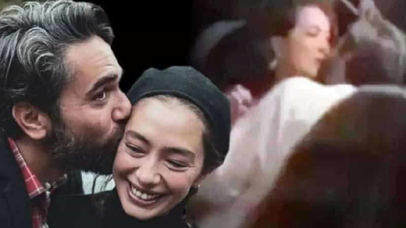 Kadir Doğulu kissing his wife Neslihan Atagül smiling, and in background her husband kissed another woman