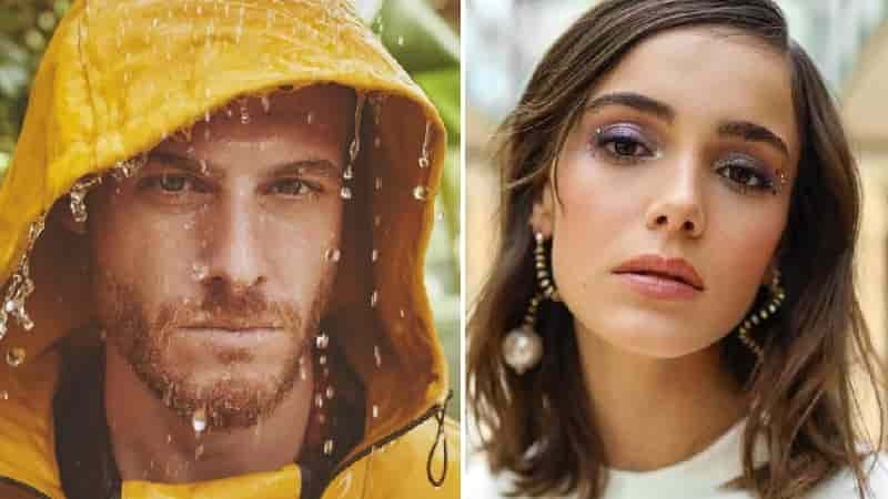 Kerem Bürsin wearing a yellow rain jacket next to his Leading Lady Hafsanur Sancaktutan in new turkish romantic comedy series