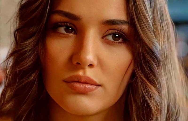 Hande Erçel close up face of the most beautiful turkish dizi series actress instagram, with big brown eyes and big and sey lips with strong eyebrows and beautiful structure bone