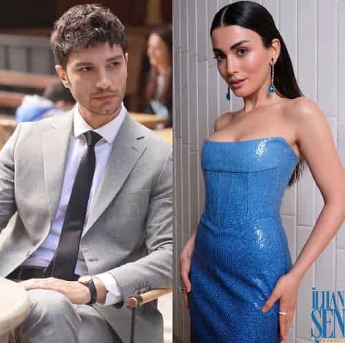 Ilhan Şen Özge Yağız - she wears a blue dress and he wears a grey suit with dark hair sitting on a chair in the new turkish dizi series safir on atv