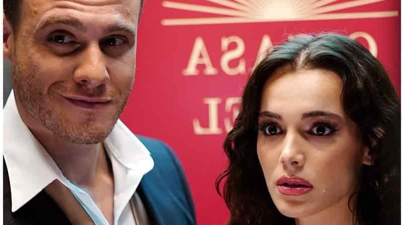 Ya Çok Seversen (2023) new Turkish romantic drama starring Hafsanur Sancaktutan with curly hair and pink lipstick as Leyla and Kerem Bürsin wearing a blue suit as Ates Arkali in elevator bolum 1 dizi